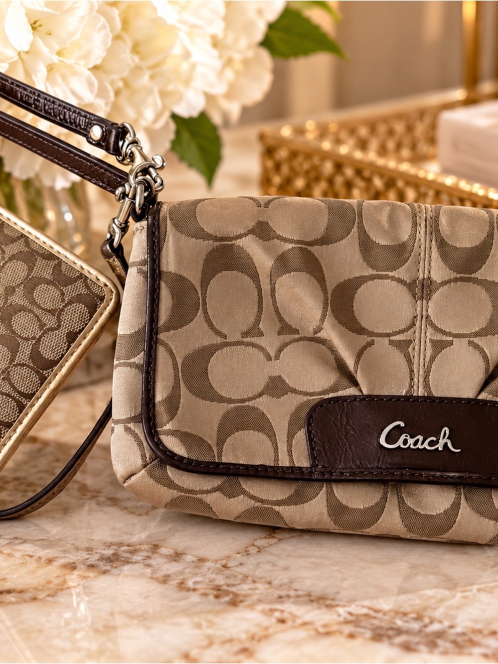 Coach Beige Signature Canvas Wristlet with Dark Brown Trim